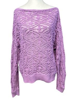 Elan Anthropologie L Crochet Open Knit Sweater Purple Asymmetrical Boho Grunge